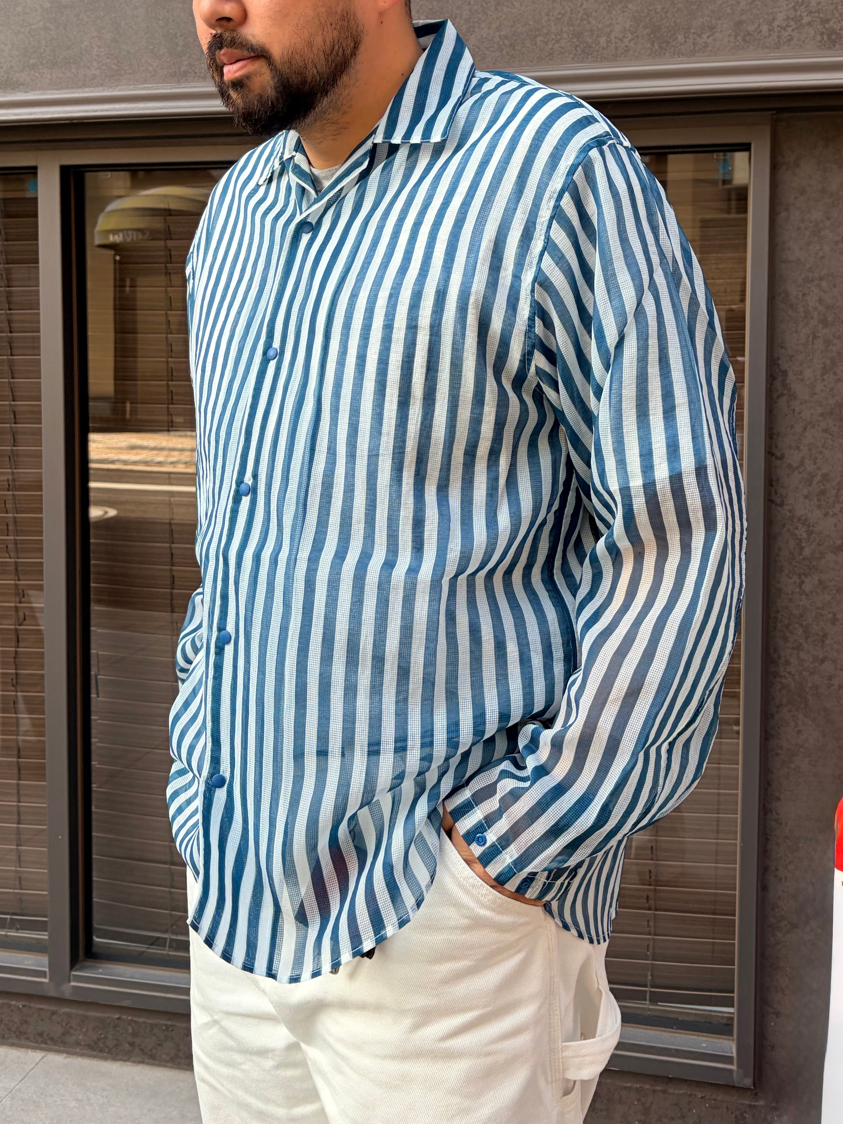 美品 マンネンロウ メッシュバスクシャツ 迷迭香 ホワイト 3 ユニセックス 迷迭香 マンネンロウ / MESH LONG SLEEVE SHIRT メッシュ ロング