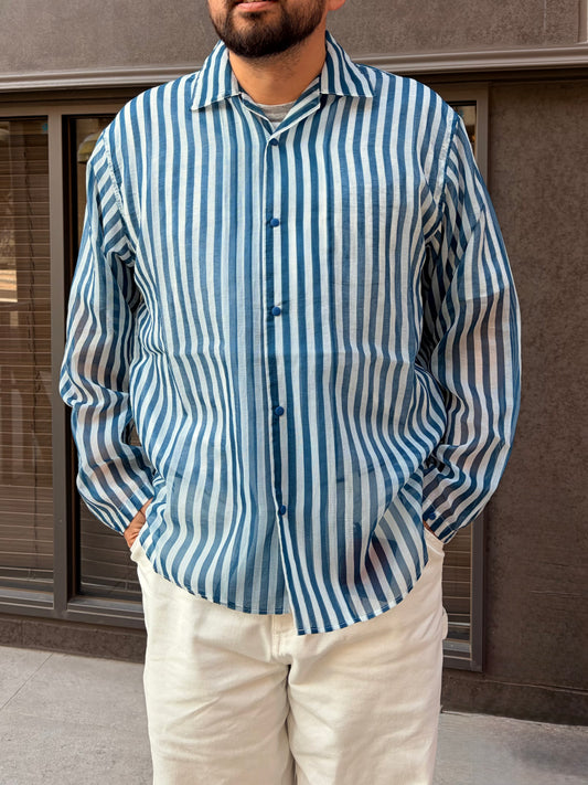 迷迭香 マンネンロウ / MESH LONG SLEEVE SHIRT メッシュ ロングスリーブ シャツ Blue Stripe